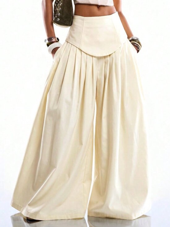 Pants - Beige Casual Women's Minimalist Pleated Wide-Leg Pants